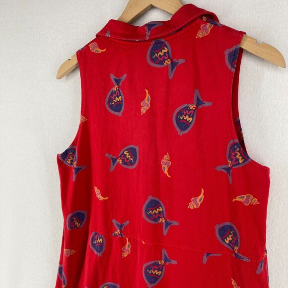 ZIP CODE Dress M Fish Shell Print Popover Maxi Sleeveless Jersey Cotton Red - Picture 5 of 15